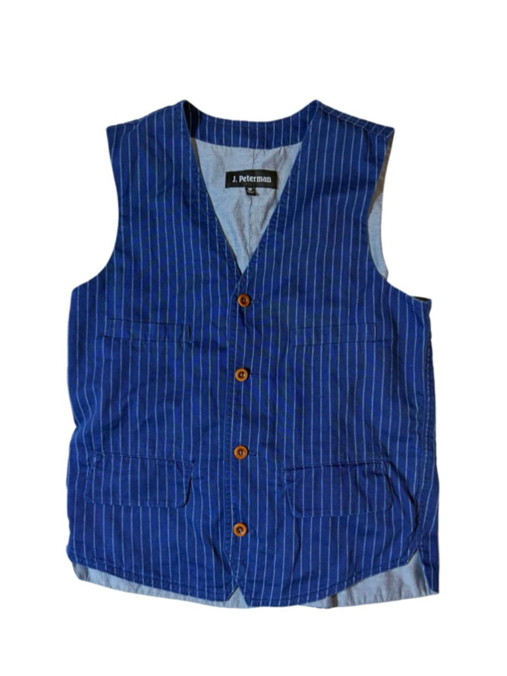 J. Peterman Blue Pinstripe Utility Vest Japanese Fabric Men’s Size 36